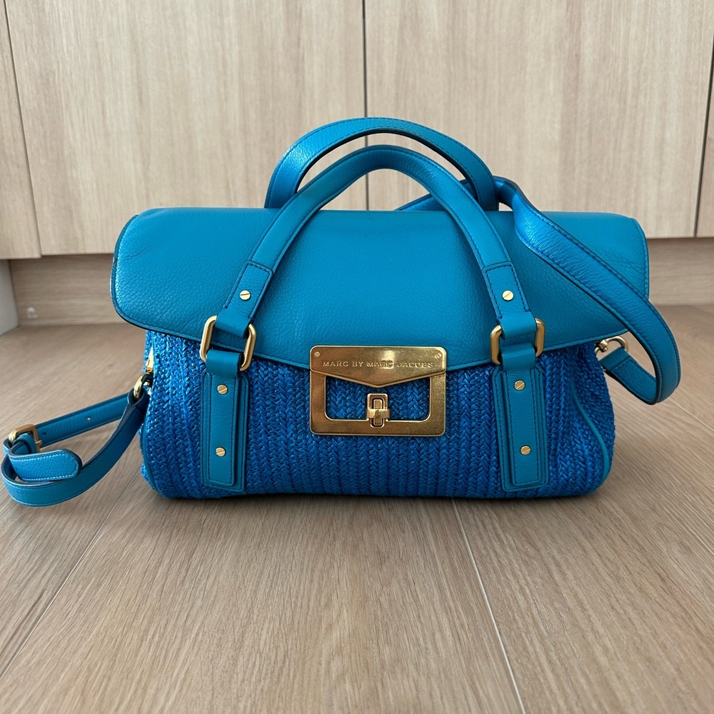 Marc by Marc Jacobs Blue Leather Raffia Satchel Crossbody Bag Gold Hardware
